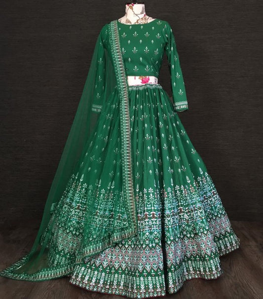 Green vaishali silk digital printed ceremonial lehenga choli