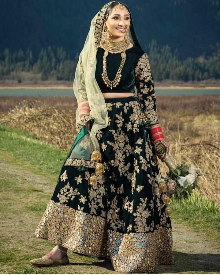 Green velvet designer embroidered wedding lehenga choli