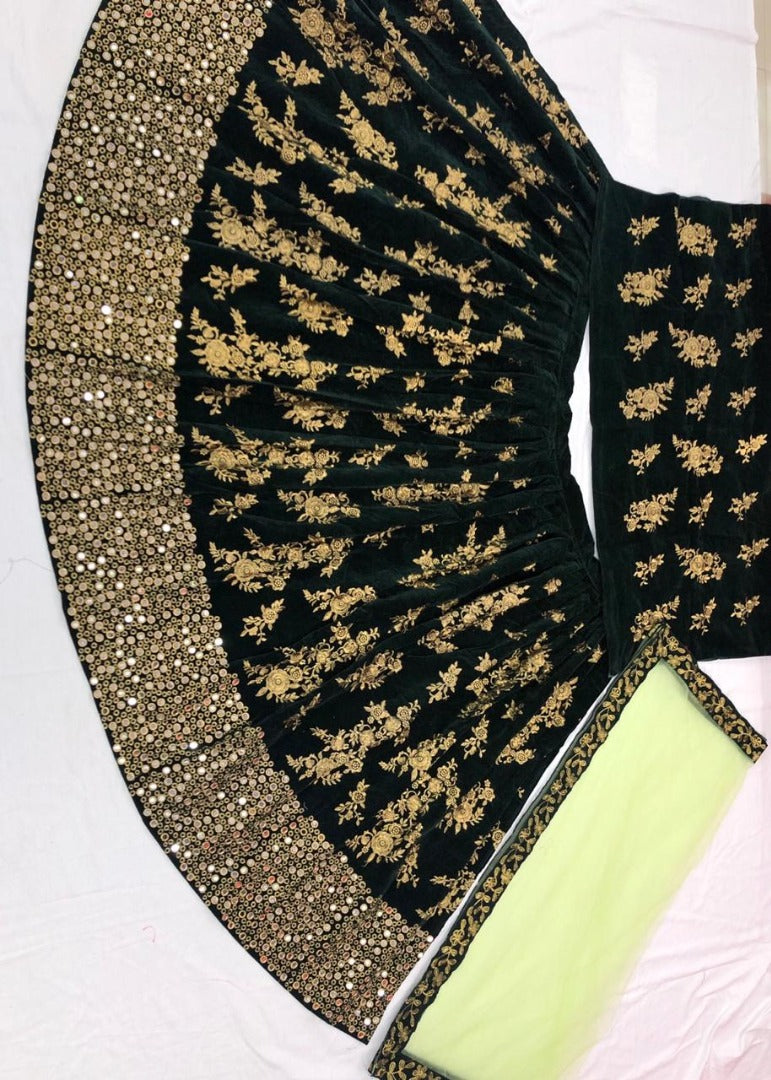 Green velvet designer embroidered wedding lehenga choli