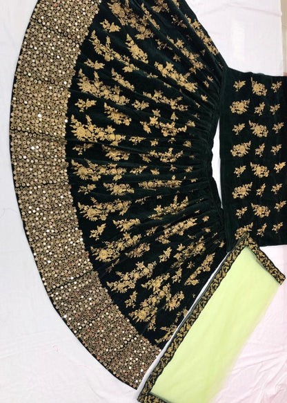 Green velvet designer embroidered wedding lehenga choli