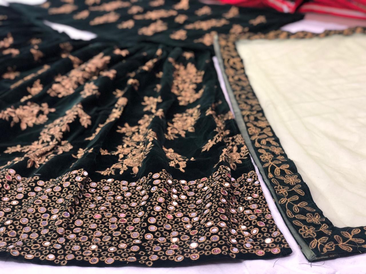 Green velvet designer embroidered wedding lehenga choli