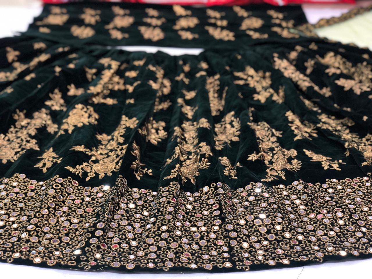 Green velvet designer embroidered wedding lehenga choli