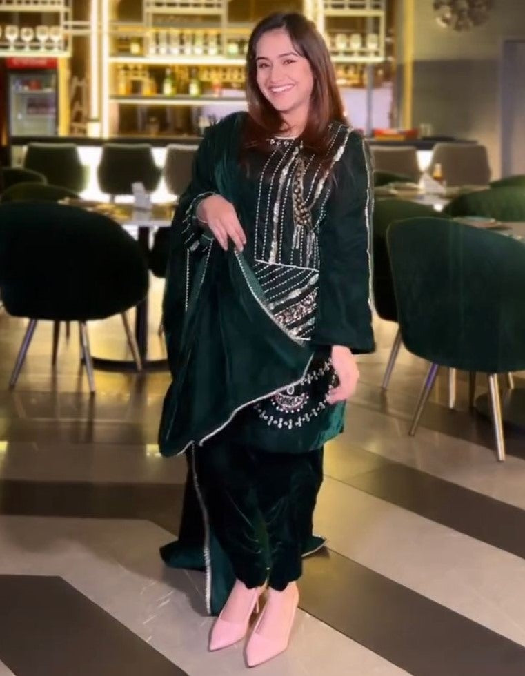 Green velvet dhoti suit