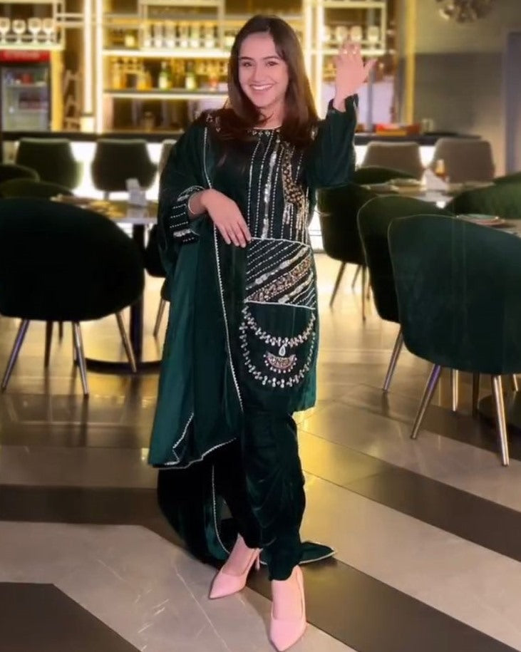 Green velvet dhoti suit
