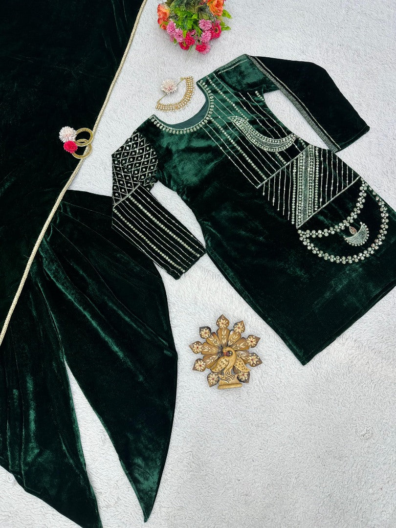 Green velvet dhoti suit