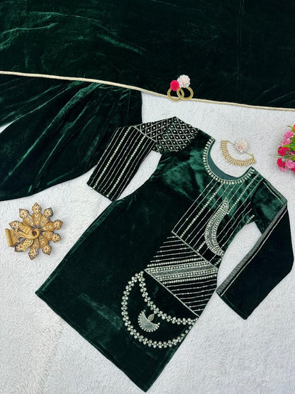 Green velvet dhoti suit