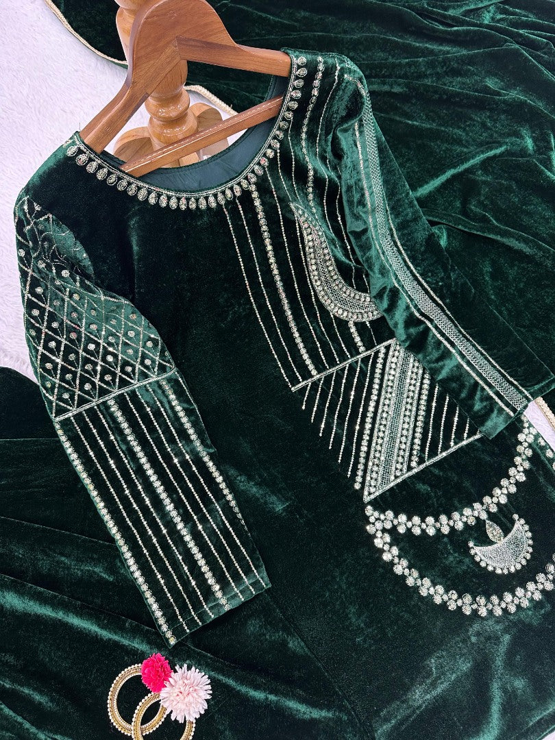 Green velvet dhoti suit