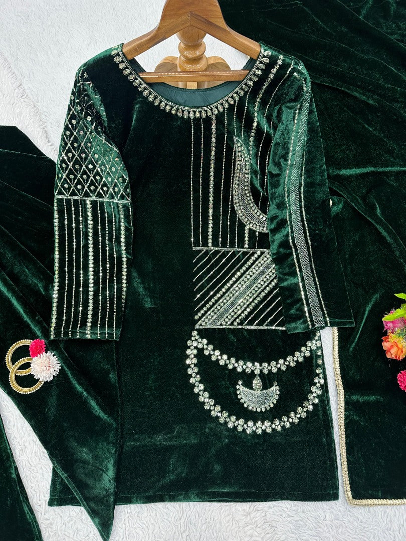 Green velvet dhoti suit