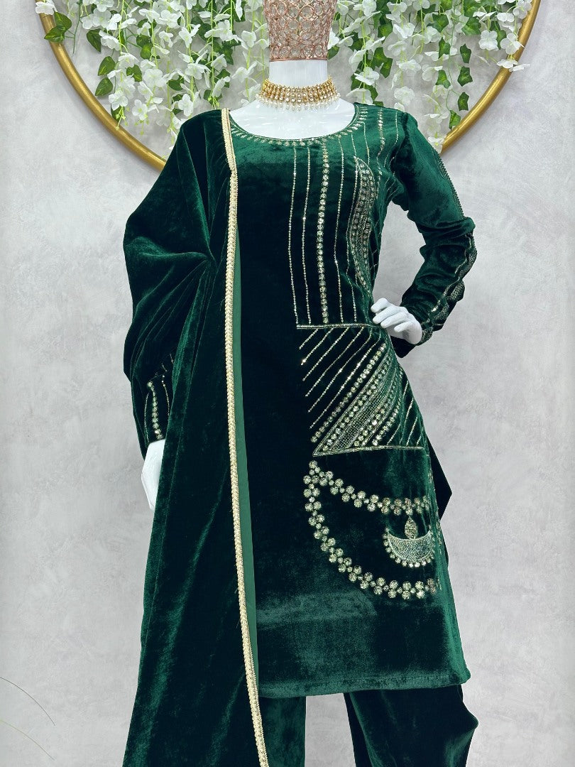 Green velvet dhoti suit