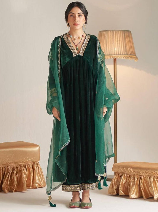 Green velvet embroidered plazzo suit