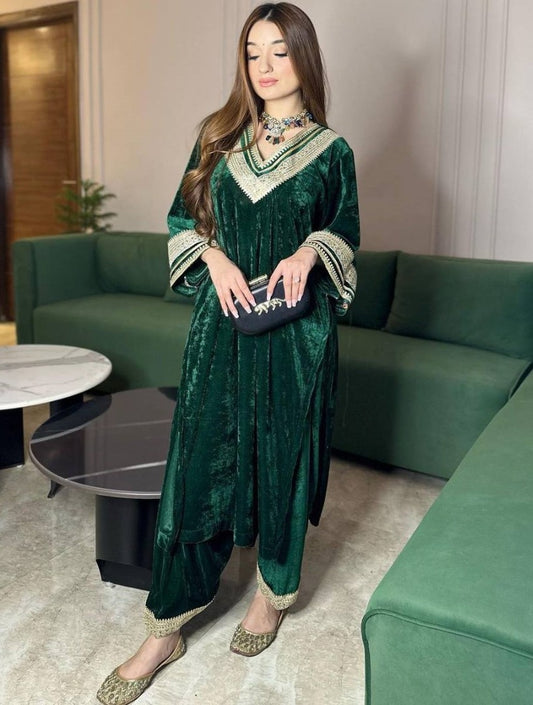 Green velvet embroidered plazzo suit