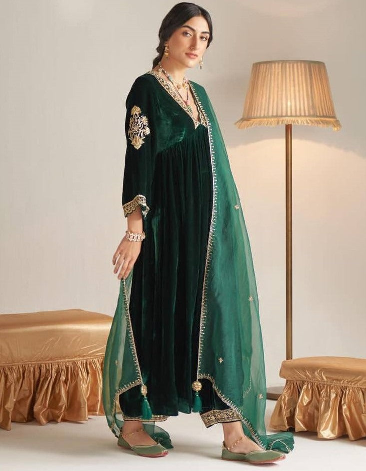 Green velvet embroidered plazzo suit