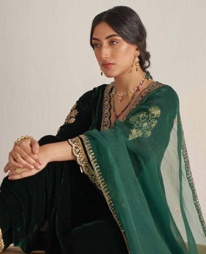 Green velvet embroidered plazzo suit