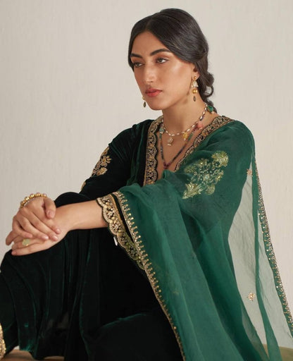 Green velvet embroidered plazzo suit