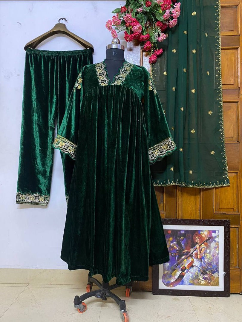 Green velvet embroidered plazzo suit