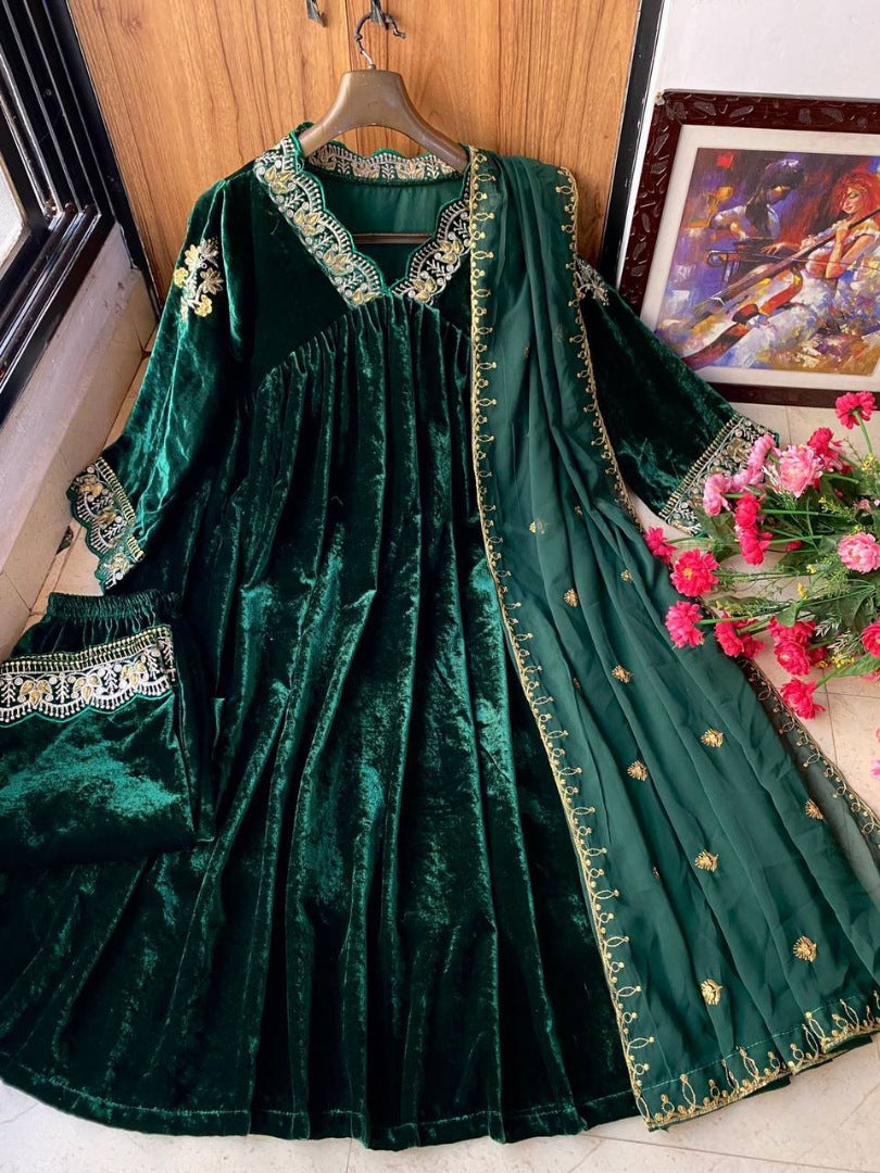 Green velvet embroidered plazzo suit