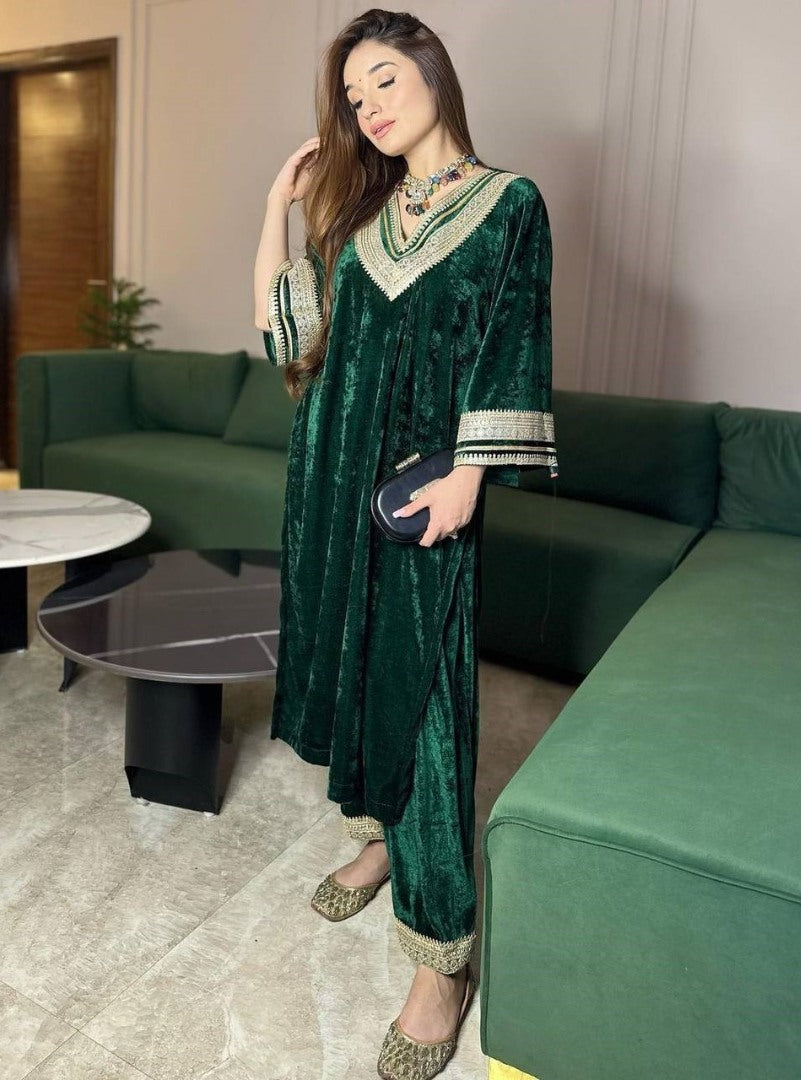 Green velvet embroidered plazzo suit