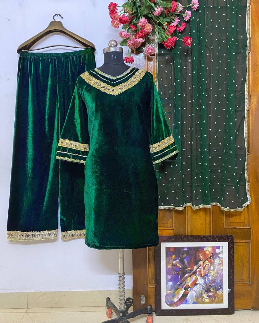 Green velvet embroidered plazzo suit