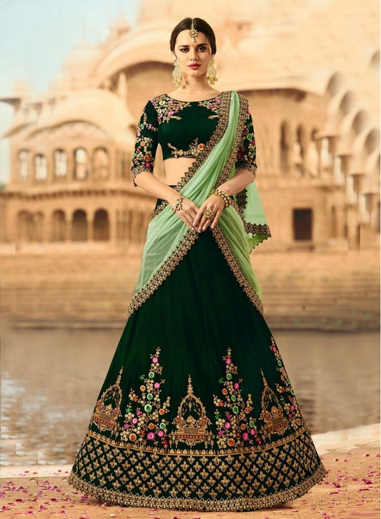 green velvet embroidered wedding lehenga