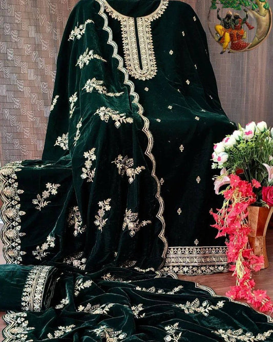 Green velvet embroidery work plazzo suit