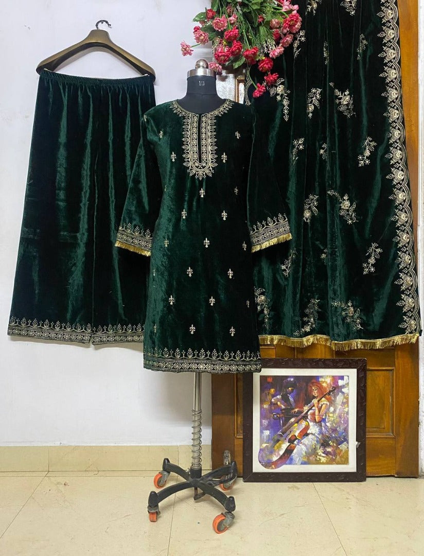 Green velvet embroidery work plazzo suit