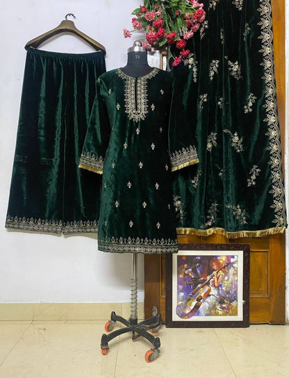 Green velvet embroidery work plazzo suit