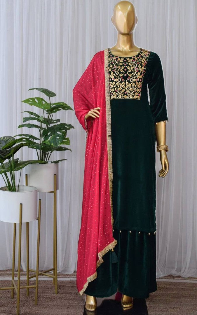 Green velvet embroidery worked plazzo suit