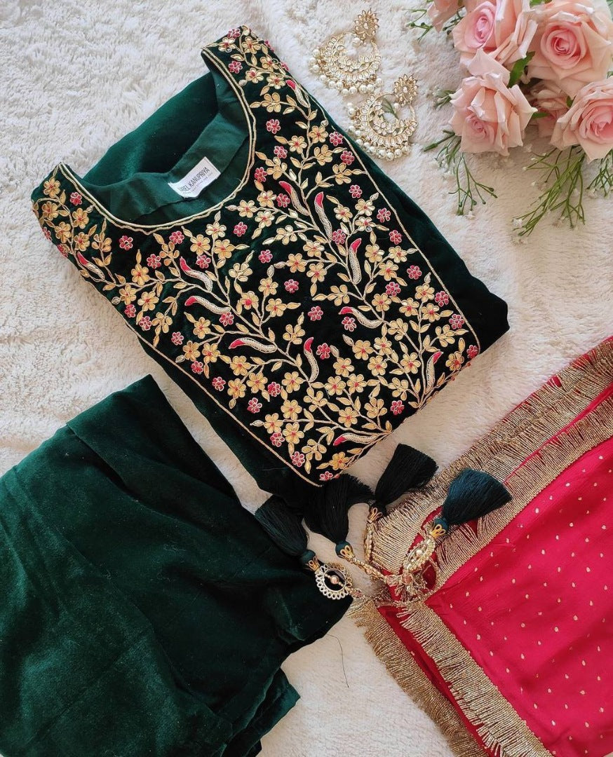 Green velvet embroidery worked plazzo suit