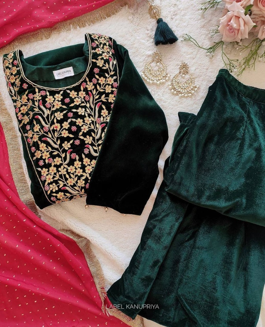 Green velvet embroidery worked plazzo suit
