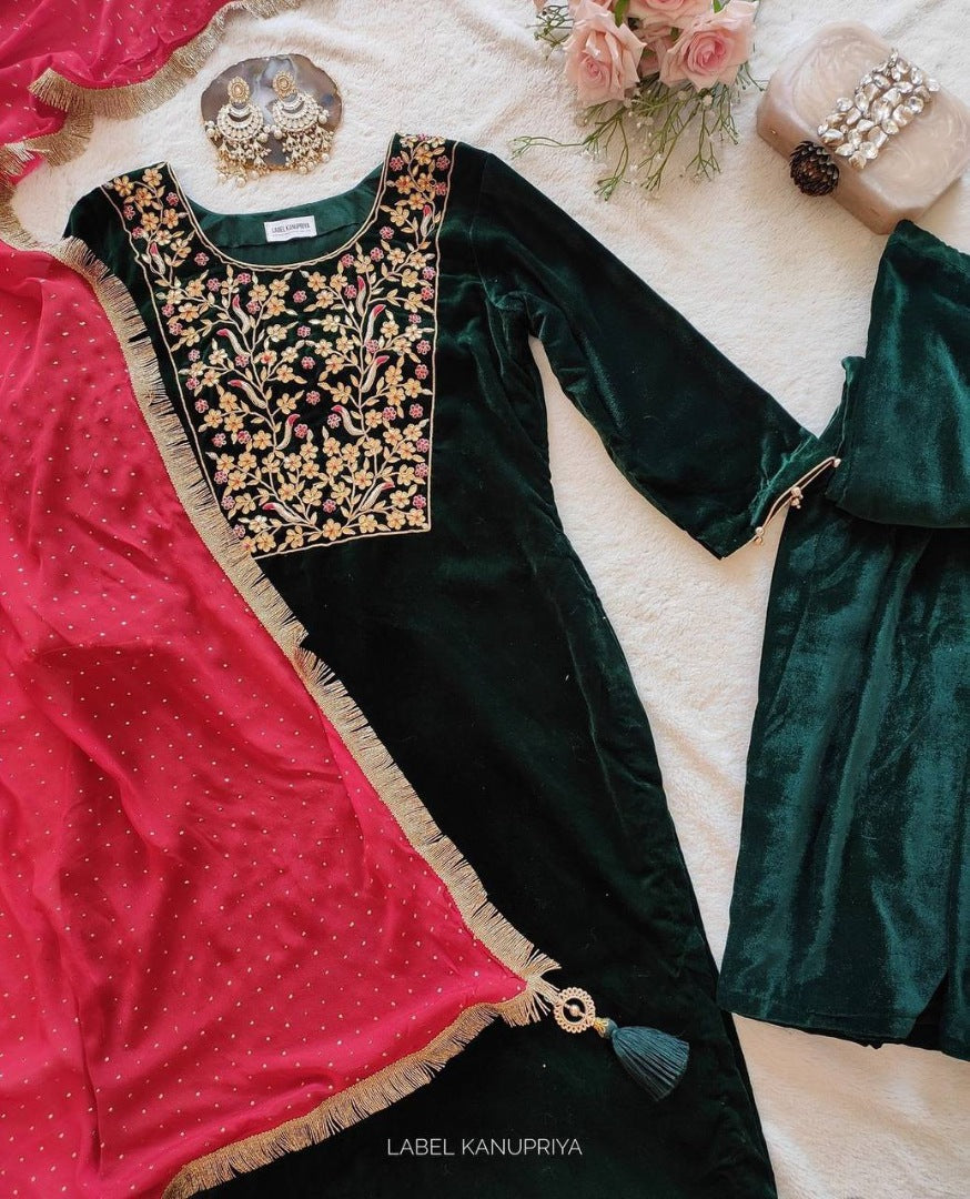 Green velvet embroidery worked plazzo suit