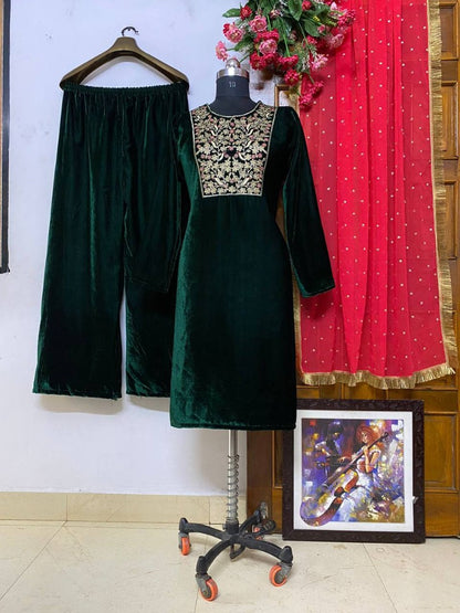 Green velvet embroidery worked plazzo suit