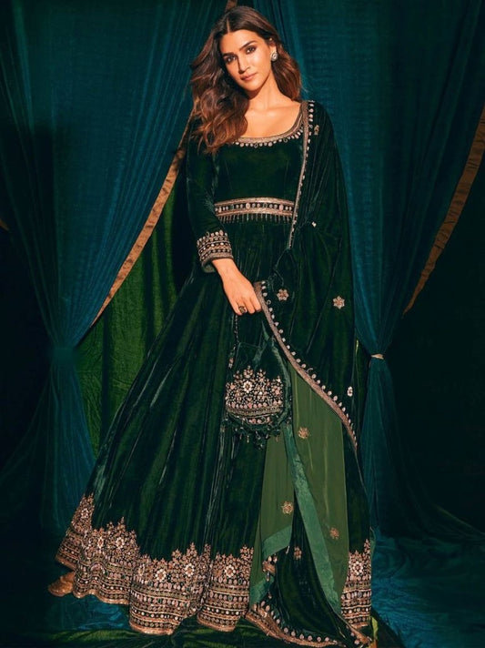 Green velvet embroidery worked wedding gown