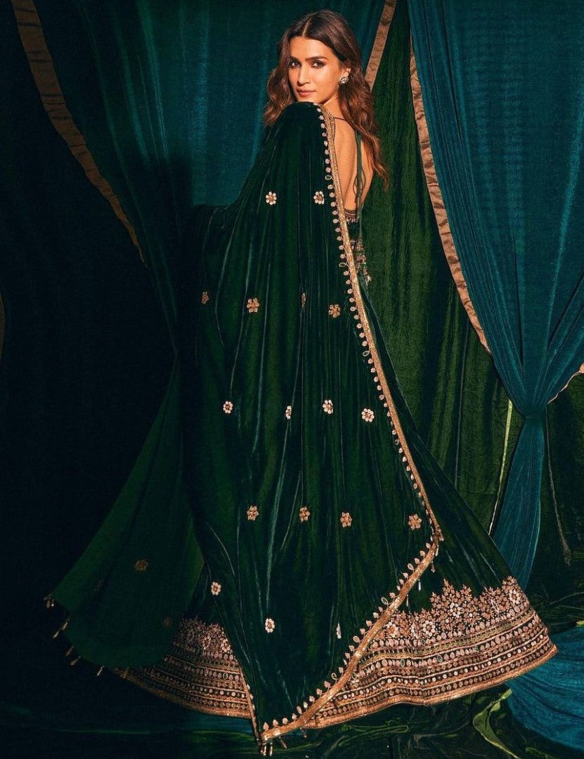 Green velvet embroidery worked wedding gown