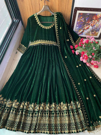 Green velvet embroidery worked wedding gown