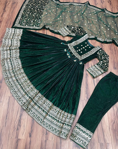 Green velvet heavy embroidered anarkali gown for wedding function