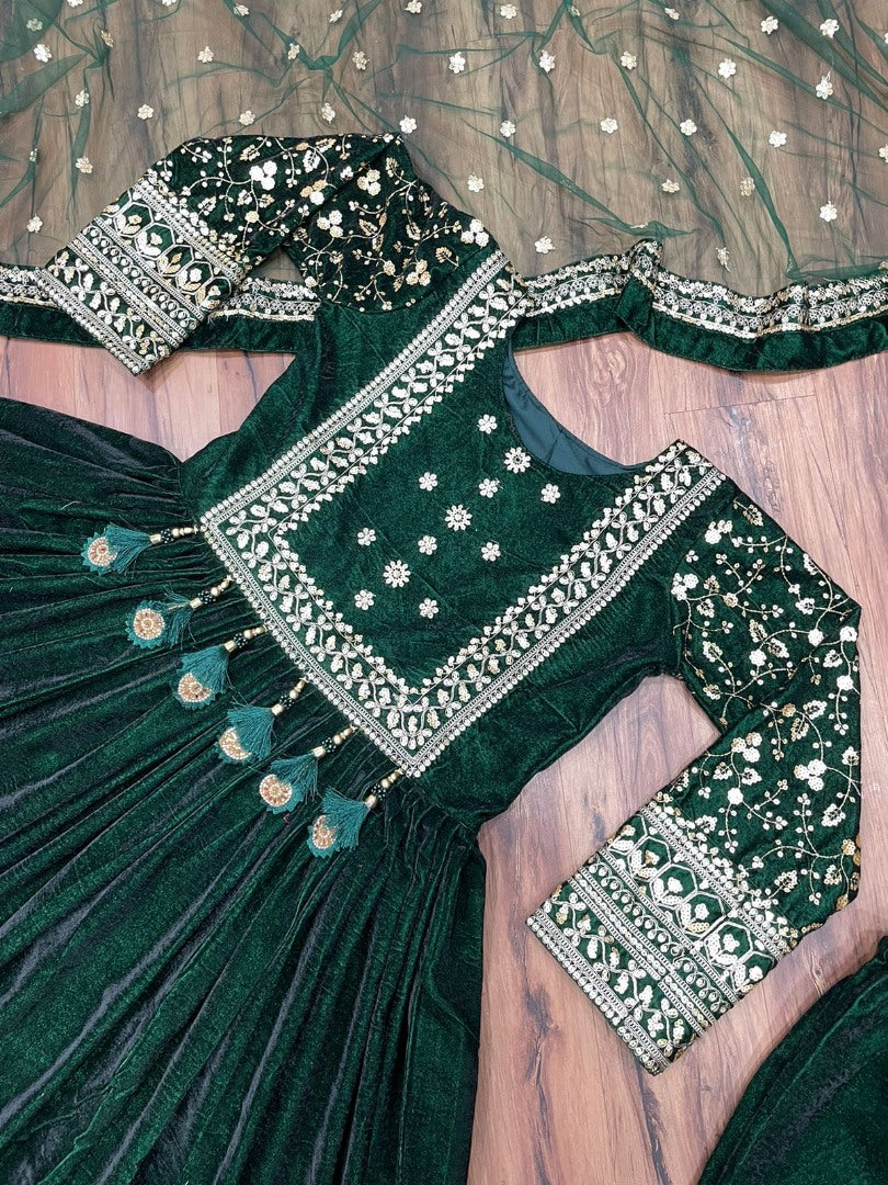 Green velvet heavy embroidered anarkali gown for wedding function