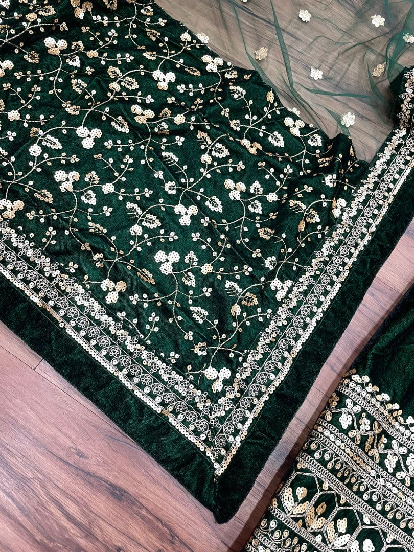 Green velvet heavy embroidered anarkali gown for wedding function