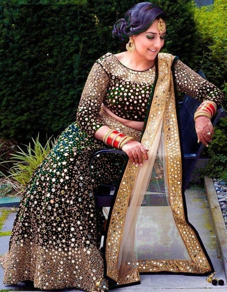 Green velvet heavy embroidered mirror work wedding lehenga choli