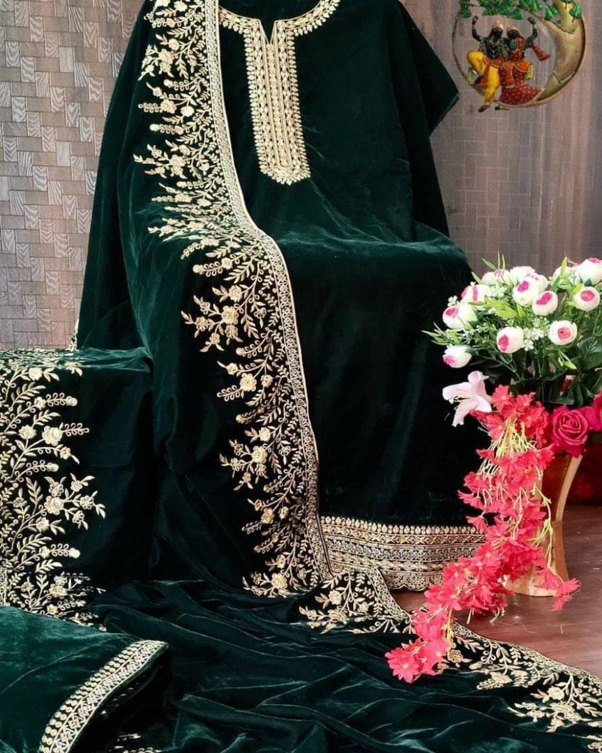 Green velvet heavy embroidery worked plazzo suit