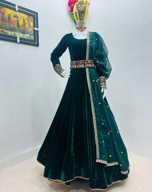 Green velvet long party wear gown