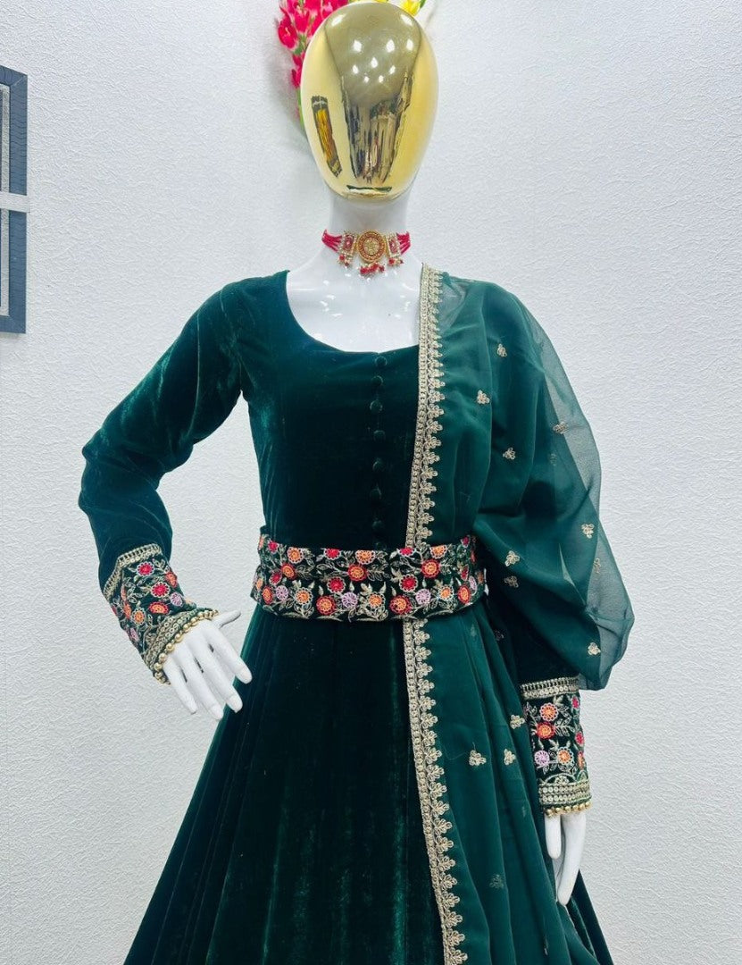 Green velvet long party wear gown