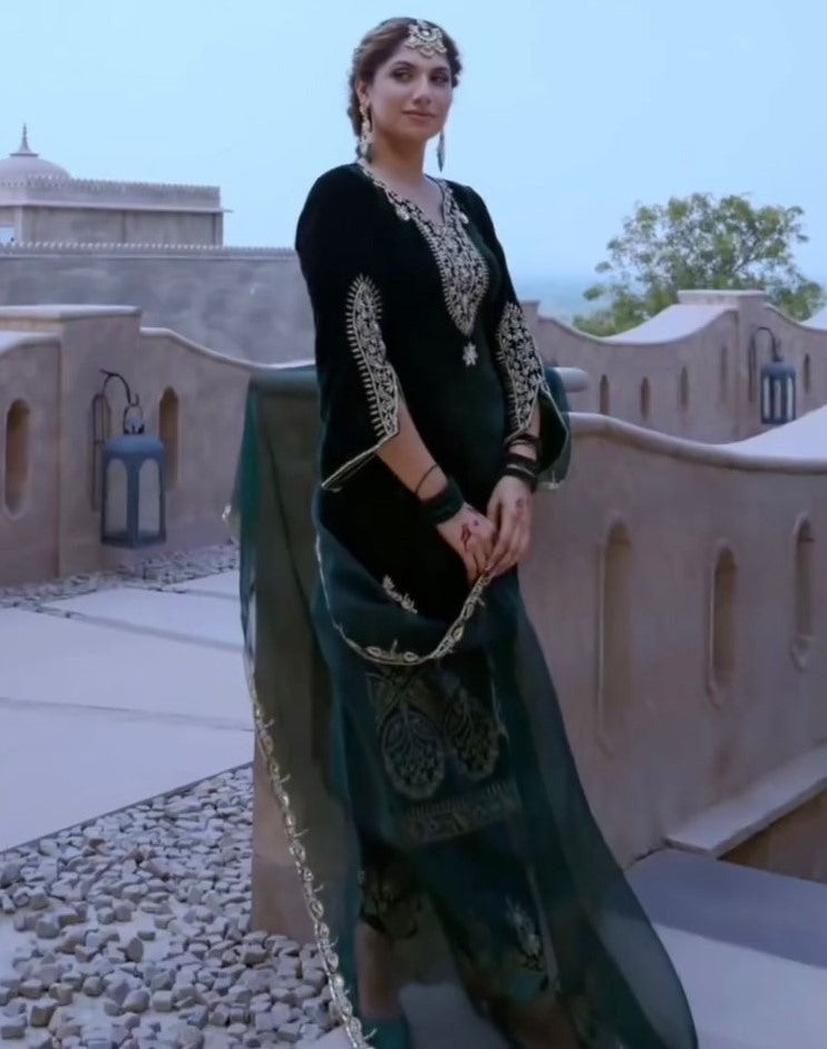 Green velvet thread work wedding salwar suit