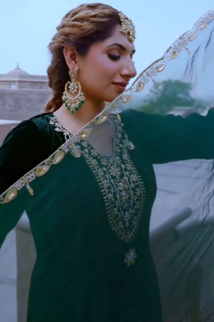 Green velvet thread work wedding salwar suit