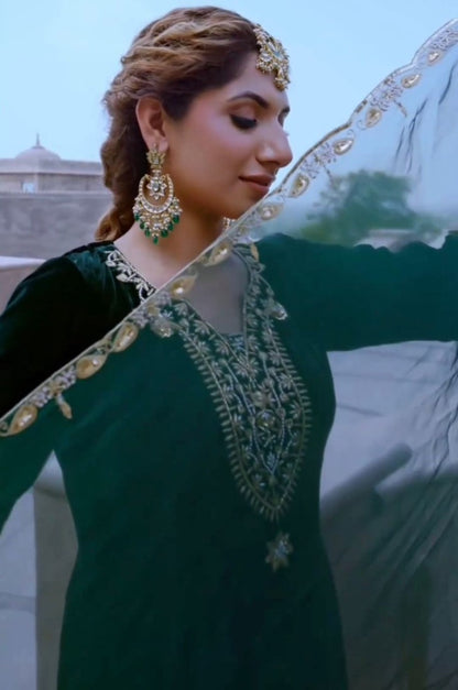 Green velvet thread work wedding salwar suit