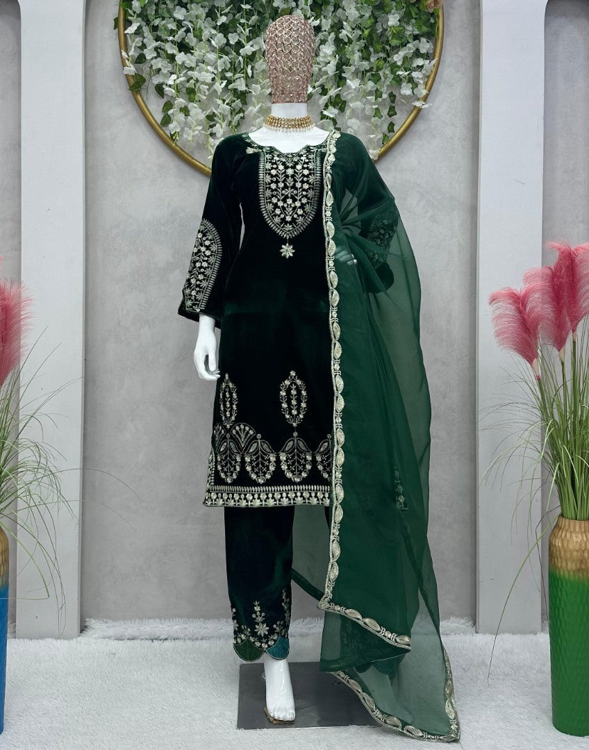 Green velvet thread work wedding salwar suit