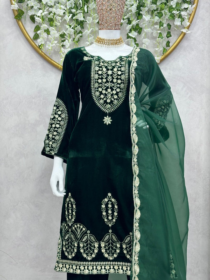 Green velvet thread work wedding salwar suit