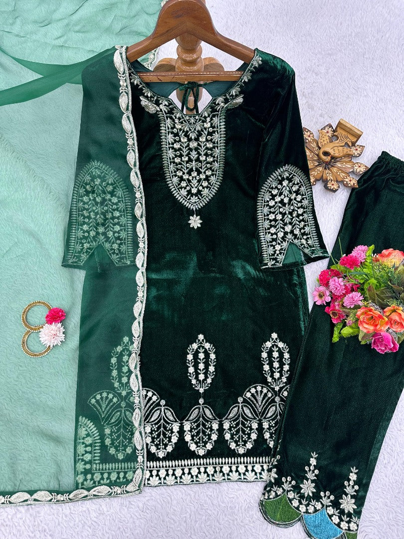 Green velvet thread work wedding salwar suit