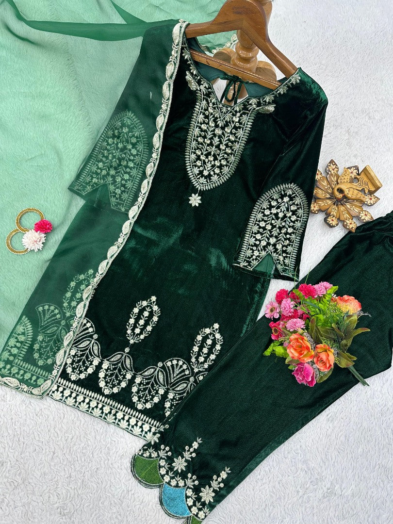 Green velvet thread work wedding salwar suit