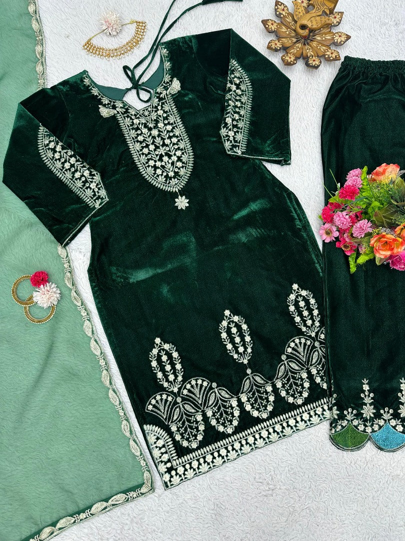 Green velvet thread work wedding salwar suit