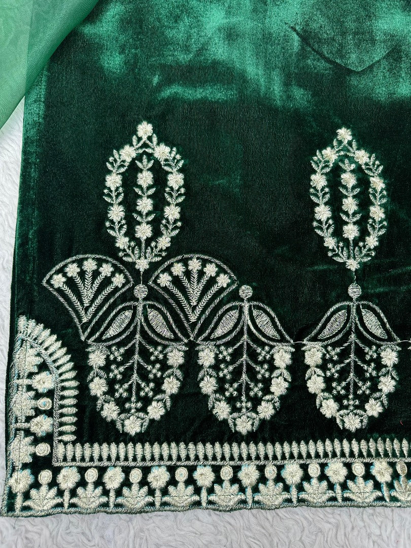 Green velvet thread work wedding salwar suit